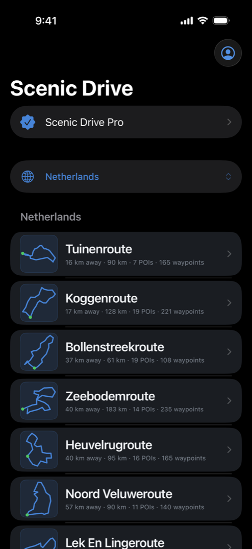 Scenic Drive iOS app: a catalog of real scenic drives, each with distance, length and waypoints