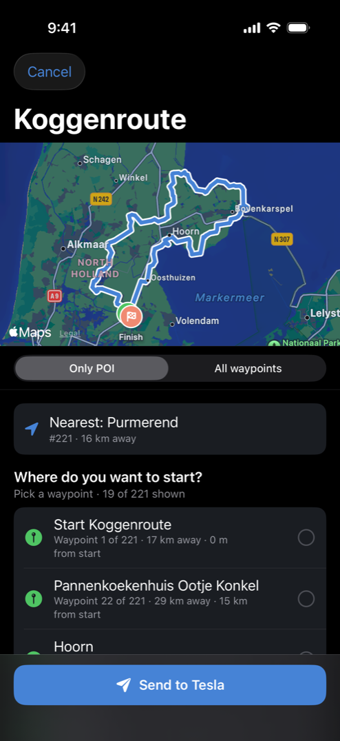 A scenic route drawn on the map with its waypoints listed, and a Send to Tesla button