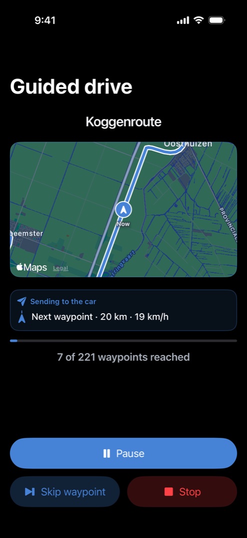 Guided drive: the app streaming each waypoint to the Tesla's own navigation as you progress along the route